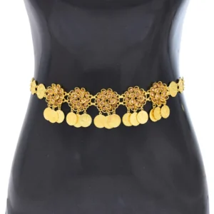 Trendy Rhinestone Flower Waist Chain For Women Gold Plated Coins Tassel Body Belt Ethnic Tribal Jewelry Afghan Kurdish Accessory