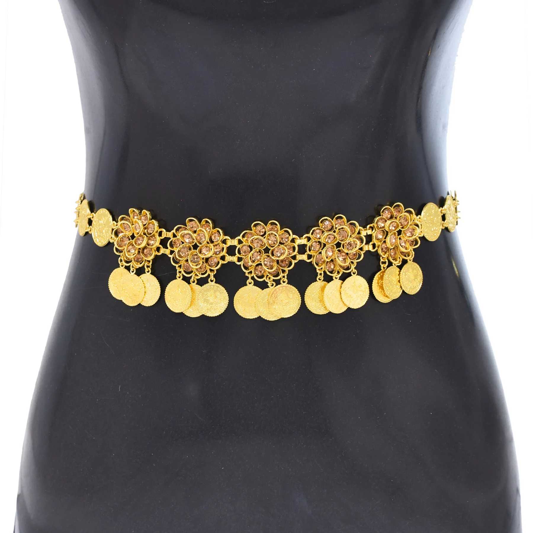 Trendy Rhinestone Flower Waist Chain For Women Gold Plated Coins Tassel Body Belt Ethnic Tribal Jewelry Afghan Kurdish Accessory