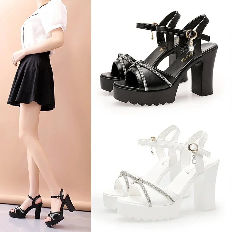 Sandals for Women Summer 2025 Block Heel Ladies Shoes Wedge with Platform Waterproof Footwear Chunky Super-high Beige - Image 3
