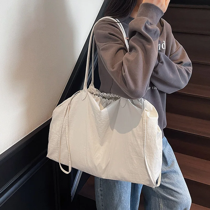 Big Drawstring Bucket Shoulder Bags For Women Nylon Fabric Lightweight Large Capacity Shopper Totes Pure Color Practical Handbag - Image 3