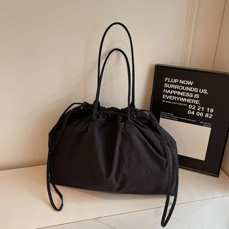 Big Drawstring Bucket Shoulder Bags For Women Nylon Fabric Lightweight Large Capacity Shopper Totes Pure Color Practical Handbag - Image 10