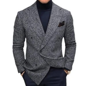 Autumn Winter Men Blazers Slim Fit Plaid Suits Jackets Male Long Sleeve Double-breasted Outerwear Business Casual Coats