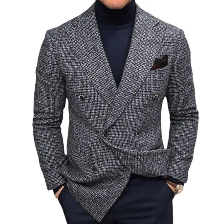 Autumn Winter Men Blazers Slim Fit Plaid Suits Jackets Male Long Sleeve Double-breasted Outerwear Business Casual Coats
