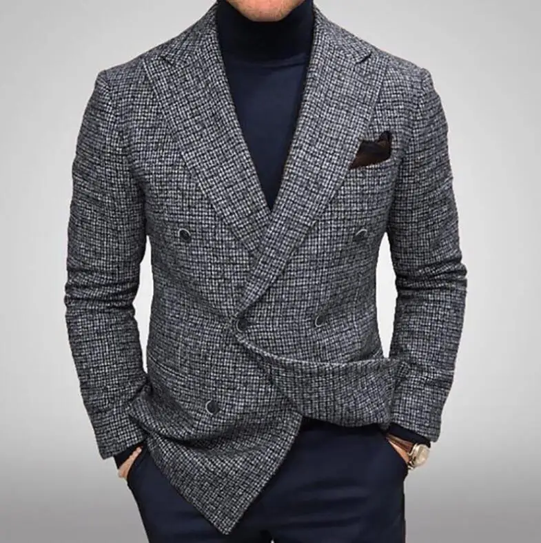 Autumn Winter Men Blazers Slim Fit Plaid Suits Jackets Male Long Sleeve Double-breasted Outerwear Business Casual Coats - Image 3