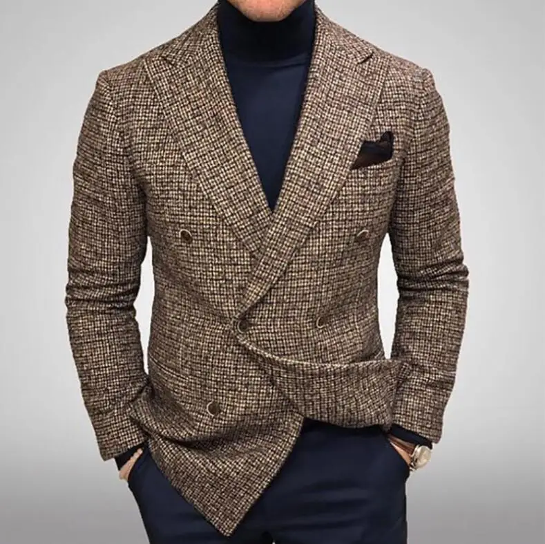 Autumn Winter Men Blazers Slim Fit Plaid Suits Jackets Male Long Sleeve Double-breasted Outerwear Business Casual Coats - Image 2