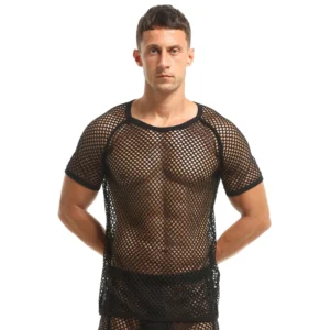 Men's See-Through Mesh Fashion Tee – Transparent Black Nightclub T-Shirt