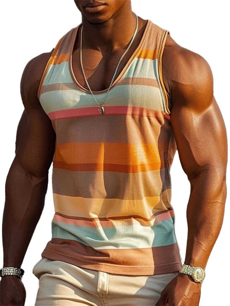 Summer Retro Stripe Graphic Tank Tops For Men Fashion Sleeveless 3D Printed Fitness Vest Loose Crew Neck Quick Dry Sports Tops - Image 3