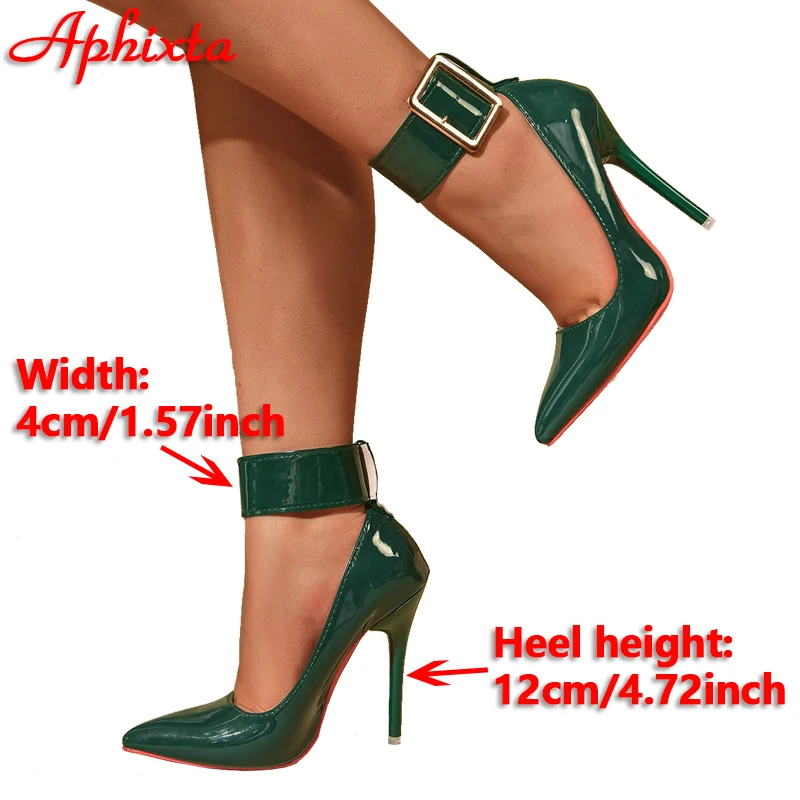 Dark Green Patent Leather Stiletto Pumps – 12cm Pointed Toe High Heels with Adjustable Belt Buckle & Ankle Strap – Sizes up to 50 - Image 6