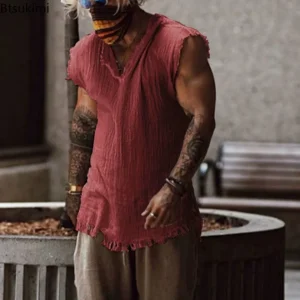 2026 Men’s Casual Retro Tank Top – Loose Fit, V-Neck, Ripped Edge, Breathable Cotton Vest