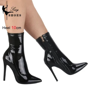 Sexy Patent Leather Stiletto Ankle Boots – 10cm/12cm High-Heel Nightclub & Pole Dance Boots