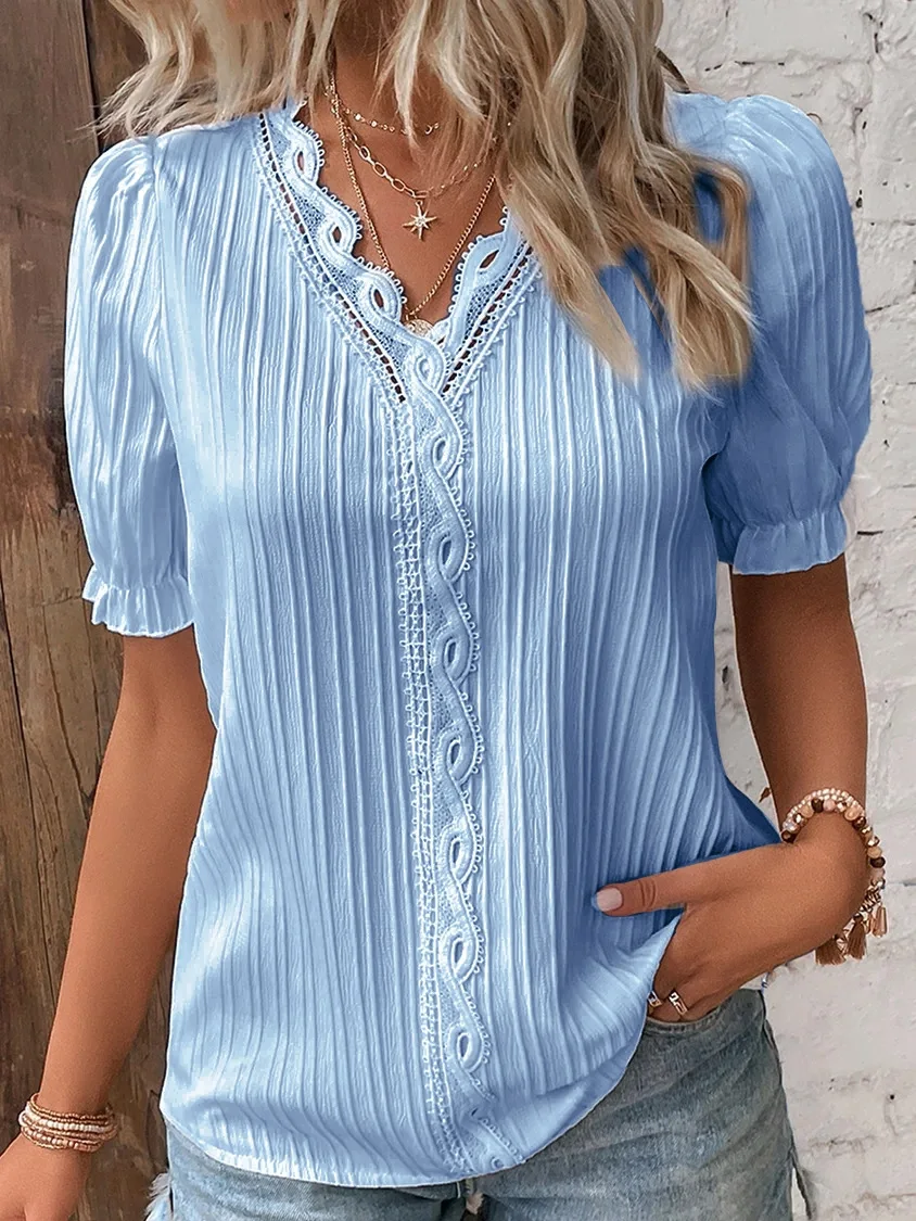 Women's Summer New Top Solid Sexy V-Neck Hollow Short Sleeve Shirt Fashion Splice Plus Size Blouse Loose Street Apparel - Image 6