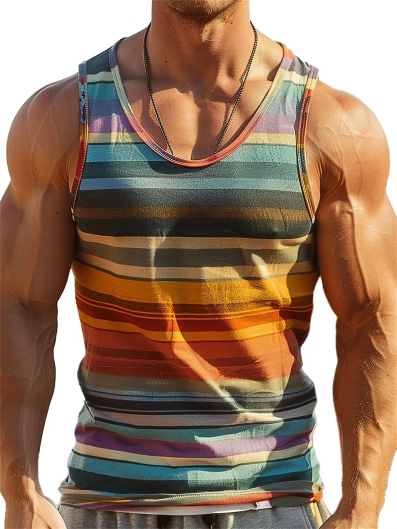 Retro Stripe Graphic Tank Tops For Men Fashion Casual Summer Sleeveless 3D Printed Vest Loose Crew Neck Quick Dry Sports Tees - Image 11