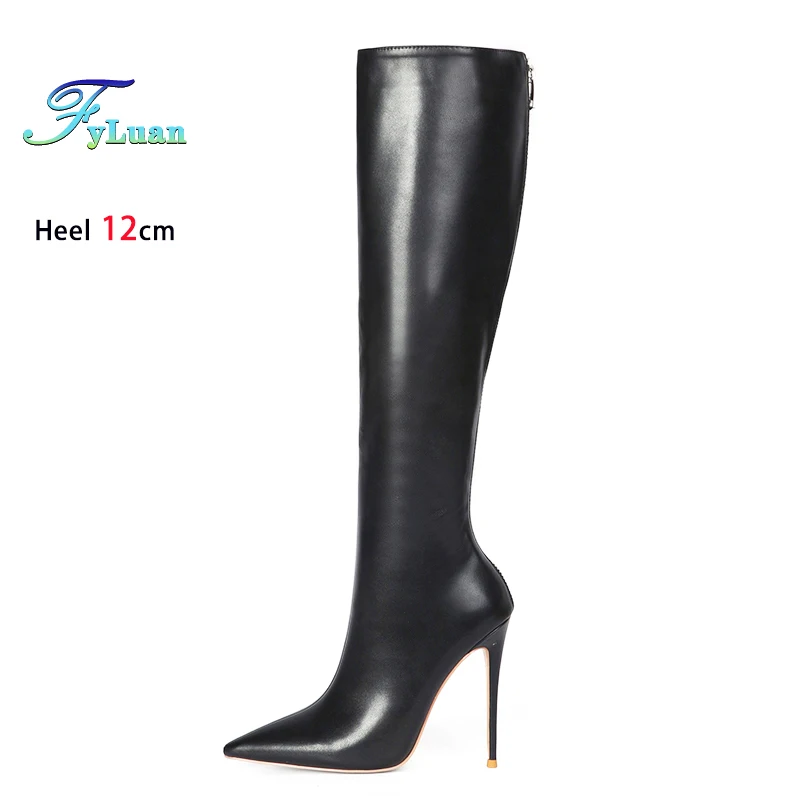 Black Pointed Boots For Woman 12CM Stiletto Fashion Women Party Winter Shoes Plus Size 43 44 45 Back Zipper Woman Mid-calf Boots - Image 2