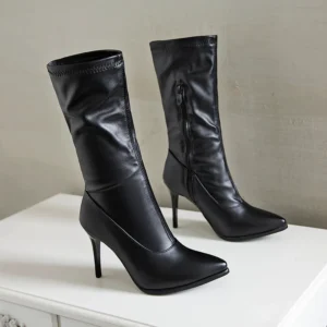 Soft Elastic Slim Leopard Boots Women Autumn Pointed Toe Mid-calf Boot Sexy Thin High Heels Short Black White Dance Shoes Ladies