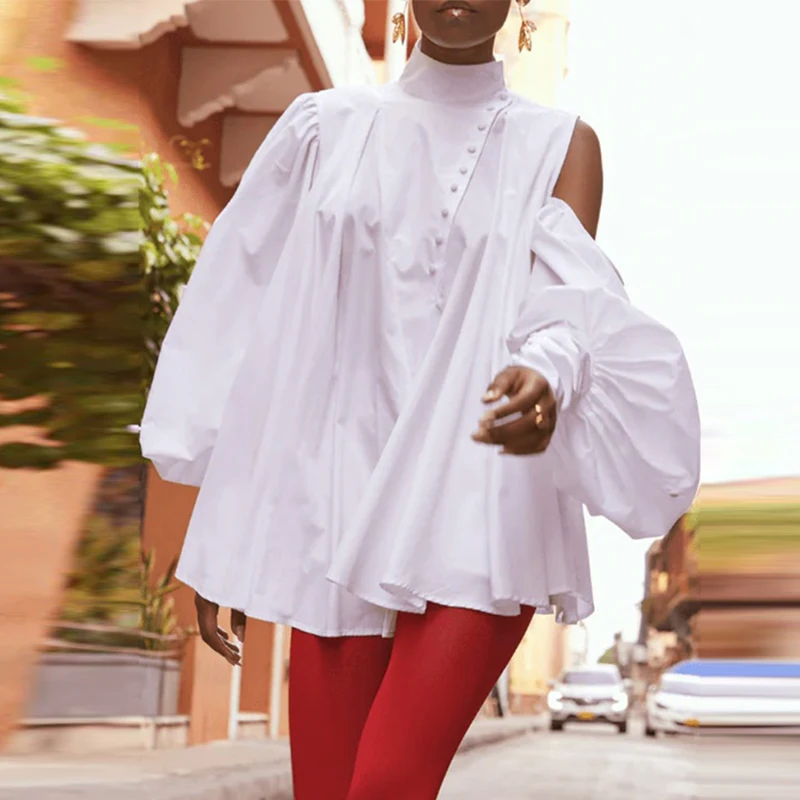 Women’s High-Neck Puff Sleeve Cotton Blouse – Casual Oversized Button-Down Shirt