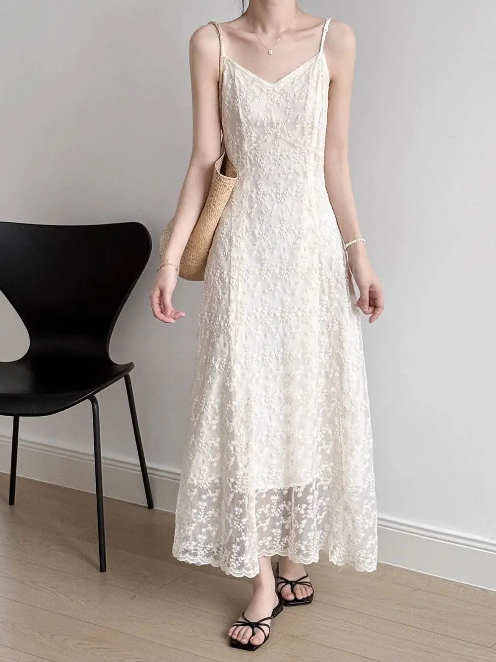 The Juliette Lace Sling Gown – Elegant White Embroidered Maxi Dress - Image 3