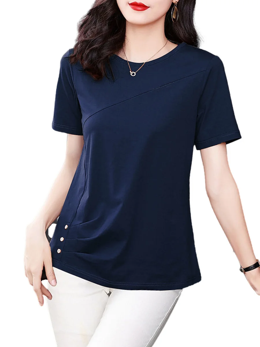Women’s Casual Short Sleeve Cotton Blouse – Elegant Solid Color O-Neck Top