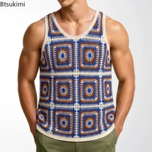 New Men's Retro Boho Crochet Tank Tops Summer Casual Crew Neck Fashion Sleeveless Vest Ethnic Style Loose Breathable Sports Tops