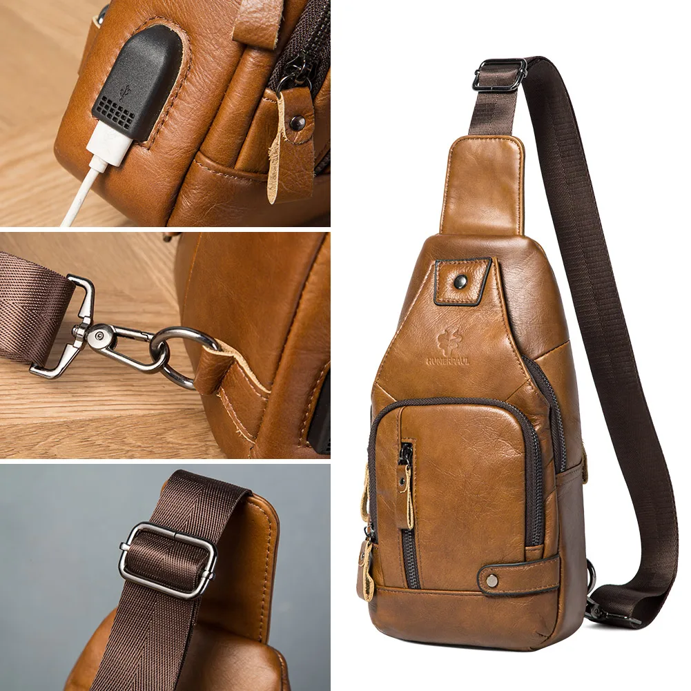 HUMERPAUL Men's Usb Chest Bag 100% Genuine Leather Crossbody Shoulder Bags Multifunction Travel Outdoor Messenger Pack Fashion - Image 4