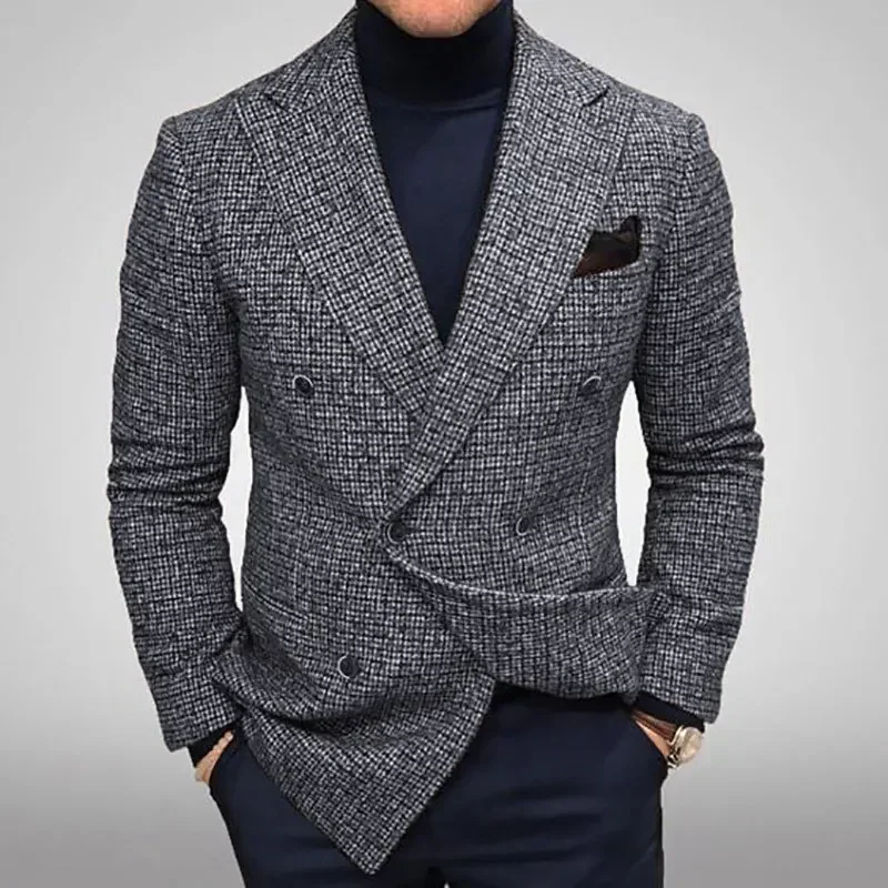 Spring Autumn Elegant Men's Jackets Knit Casual Business Men Blazer Slim Fit Fashion Versatile Checkered Long Sleeves Suit Coat