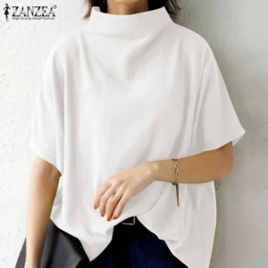 Women's Solid Cotton Turtleneck Blouse – Casual Short-Sleeve Oversized Summer Top