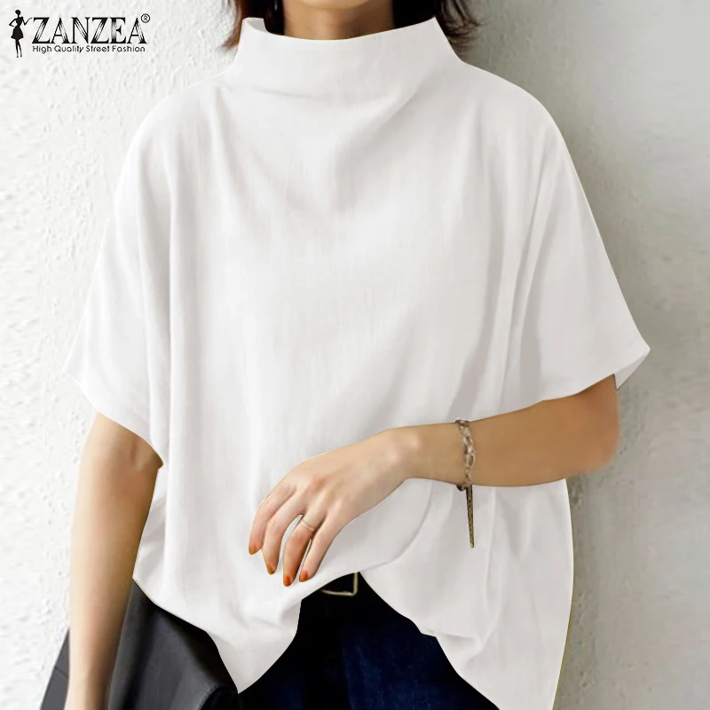Women's Solid Cotton Turtleneck Blouse – Casual Short-Sleeve Oversized Summer Top
