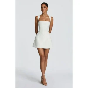 Women's Elegant White Mini Dress Sleeveless Square Neck Waist Cinching Slim Fit A-Line Flared Short Cocktail Party Gown