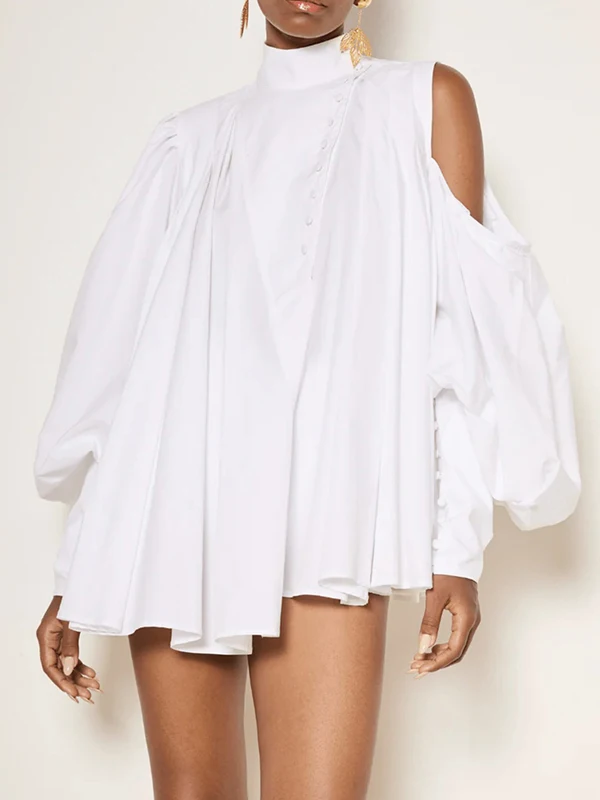 Modigirl 2025 Cotton Women Tops and Blouses Summer Fall High Neck Casual OverSize Puff Sleeves Buttoned Streetwear Shirts Female - Image 4