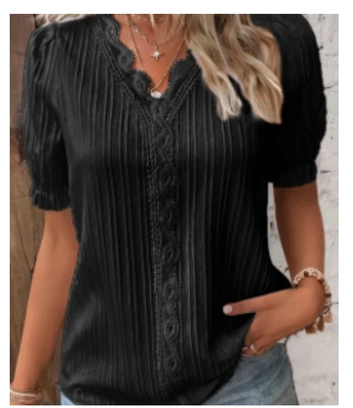Women's Summer New Top Solid Sexy V-Neck Hollow Short Sleeve Shirt Fashion Splice Plus Size Blouse Loose Street Apparel - Image 9
