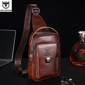 BULLCAPTAIN Men’s Genuine Leather Chest Bag – Retro 7.9" Crossbody Sling Pack for Travel & Daily Use