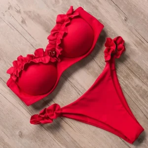 Sexy Frilled Bra Cup Bikini Set – Ruffled Bandeau Push Up Two-Piece Swimwear