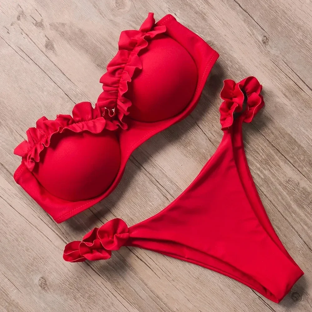 Sexy Frilled Bra Cup Bikini Set – Ruffled Bandeau Push Up Two-Piece Swimwear