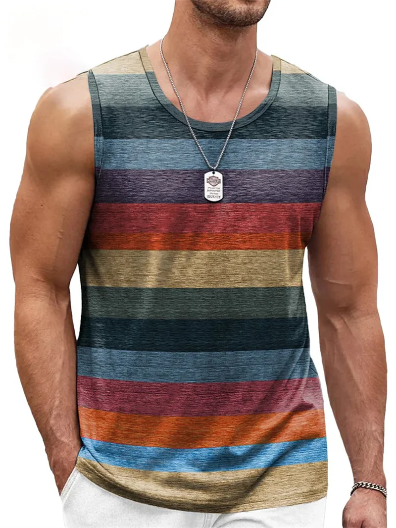 Retro Stripe Graphic Tank Tops for Men Fashion Casual Summer Sleeveless 3D Printed Vest Loose Quick Dry Sports Bodybuilding Tees - Image 3
