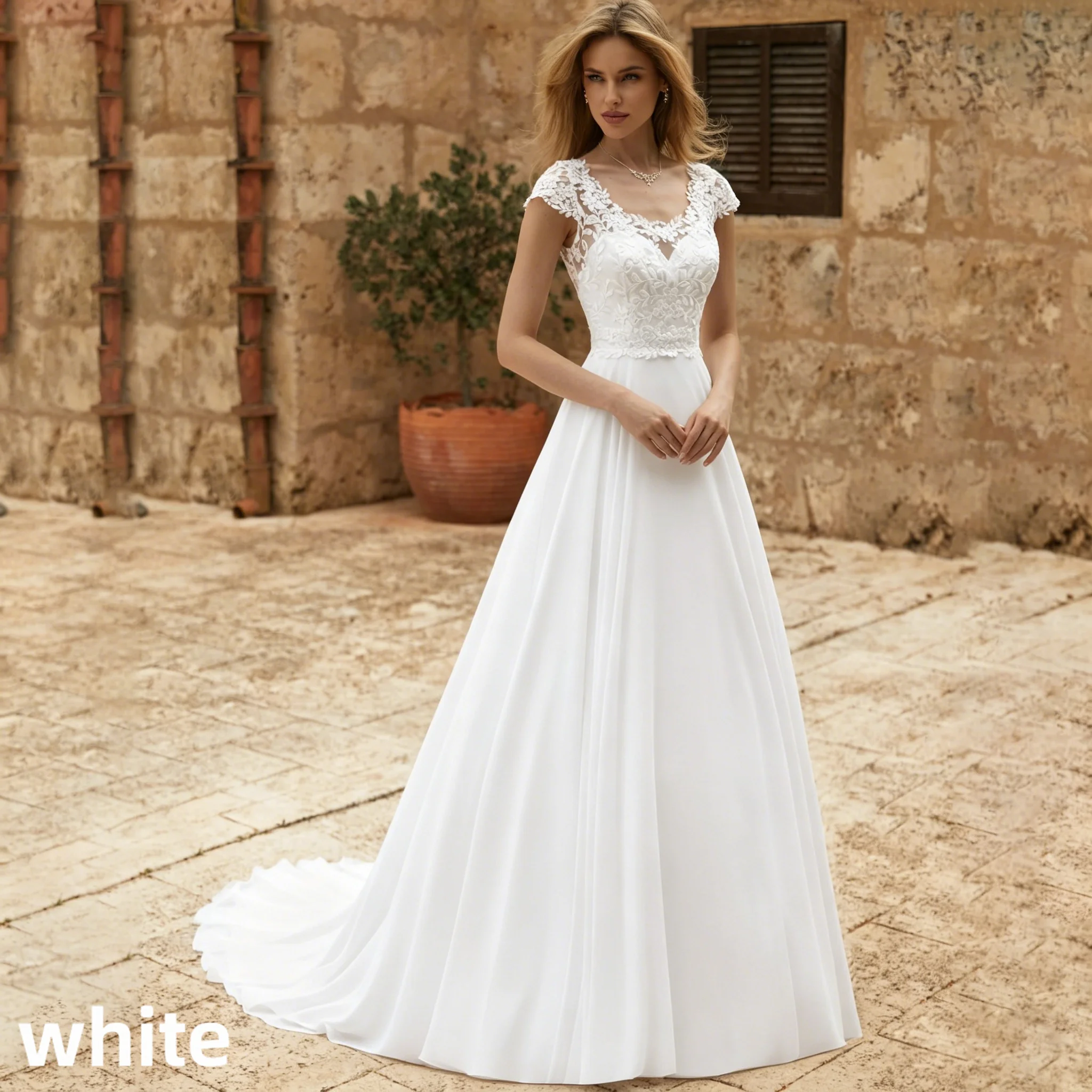 Cap Sleeve Floral Lace Chiffon Wedding Dress V Neck Sheer Back A Line Bridal Gown Long Train Outdoor Civil Wedding Custom Sizes - Image 6