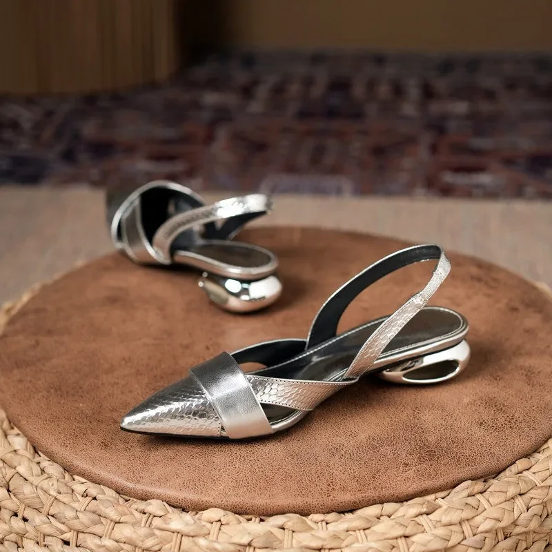 Women Sandals Luxury Designer Slingback Shoes Woman Pointed Toe Heels Golden Silver Red Pumps Block Heel Sandalias Femininas - Image 3