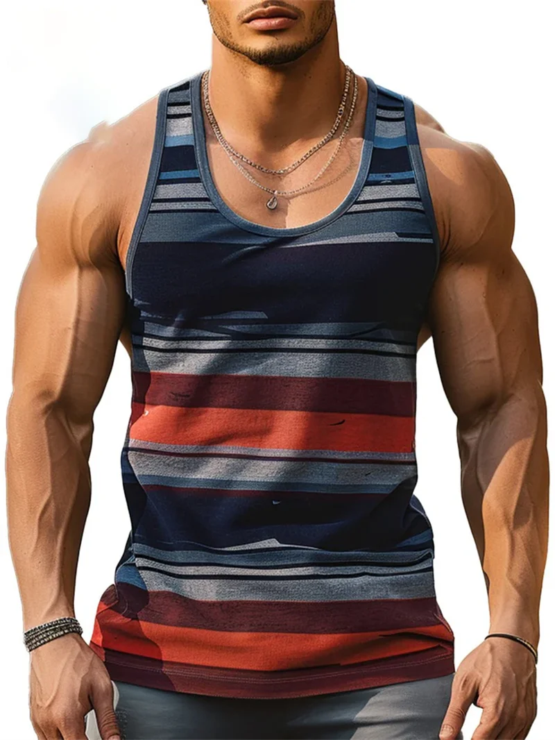 Retro Stripe Graphic Tank Tops for Men Fashion Casual Summer Sleeveless 3D Printed Vest Loose Quick Dry Sports Bodybuilding Tees - Image 5