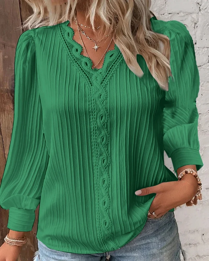 Women’s Elegant V-Neck Hollow Lace Patchwork Blouse – Chic Long Sleeve Casual Top - Image 4
