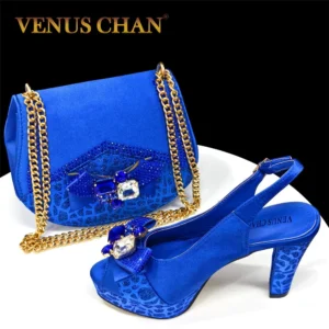 Chic Rhinestone-Embellished Evening Set – Comfortable Blue Spike-Heel Pumps with Matching Handbag