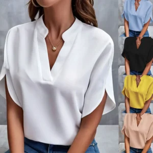 Women’s Elegant Solid V-Neck Chiffon Blouse – Casual Short Sleeve Loose Top