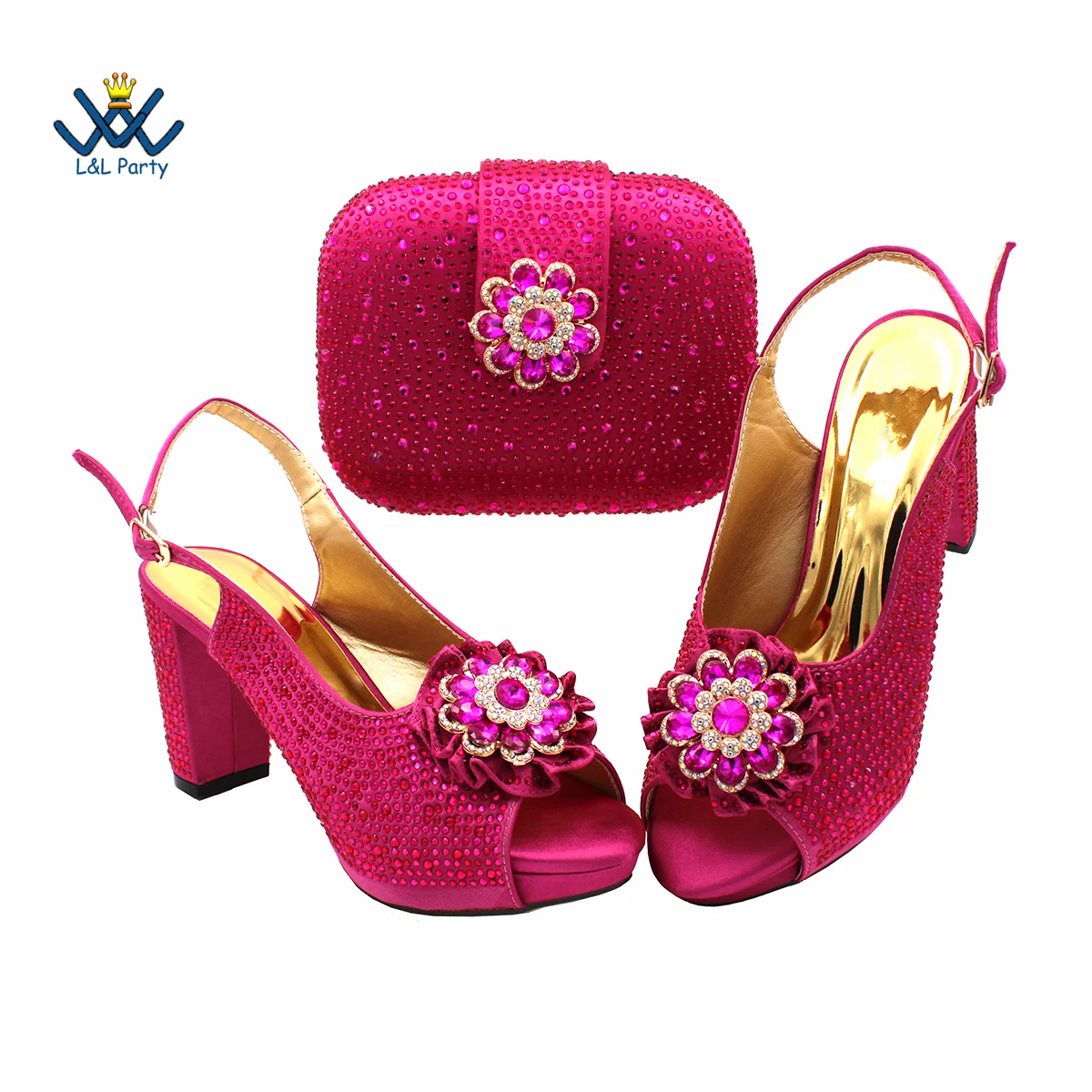 Elegant Magenta Crystal Party Sandals – Luxury African-Style Women’s Matching Shoe and Bag Set - Image 2