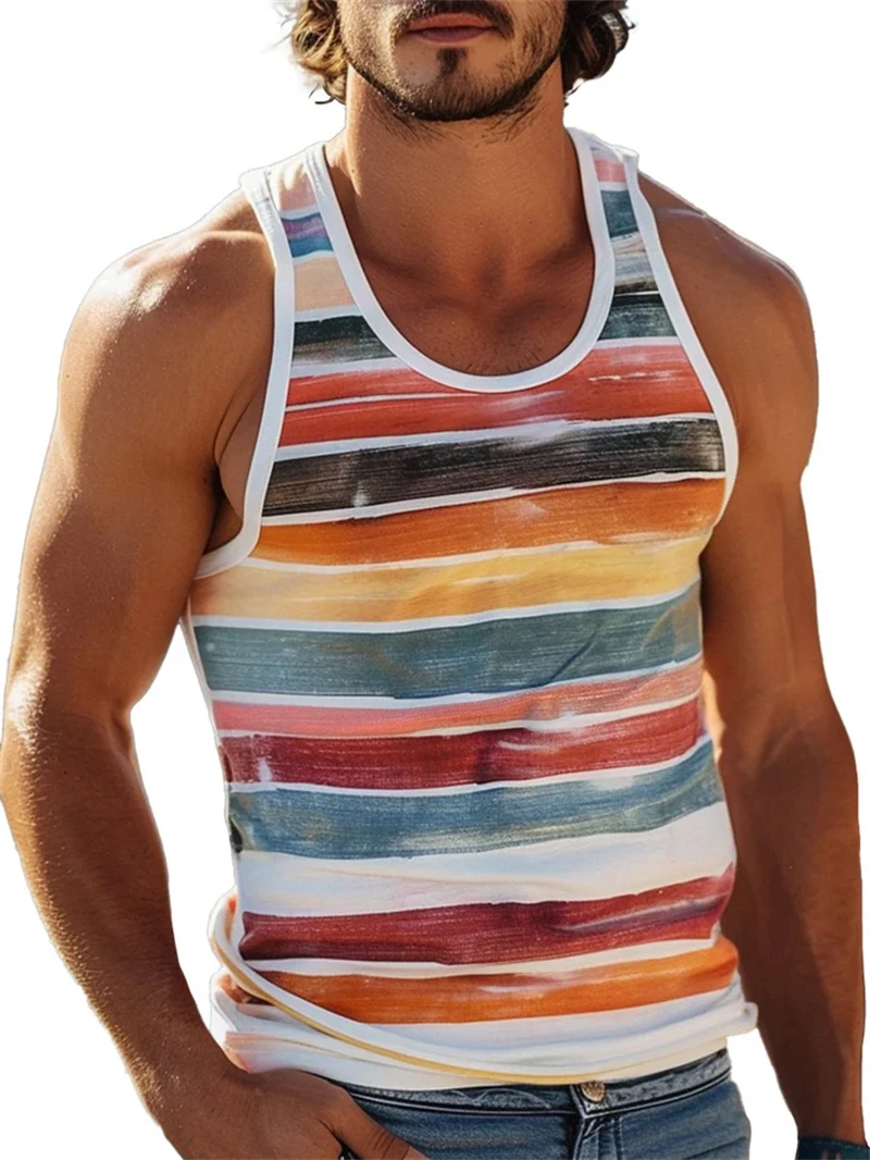 New Simple Color Striped 3D Printed Tank Tops Men Summer Sleeveless Casual Sports Vest Crew Neck Breathable Oversized Tees Tops - Image 9