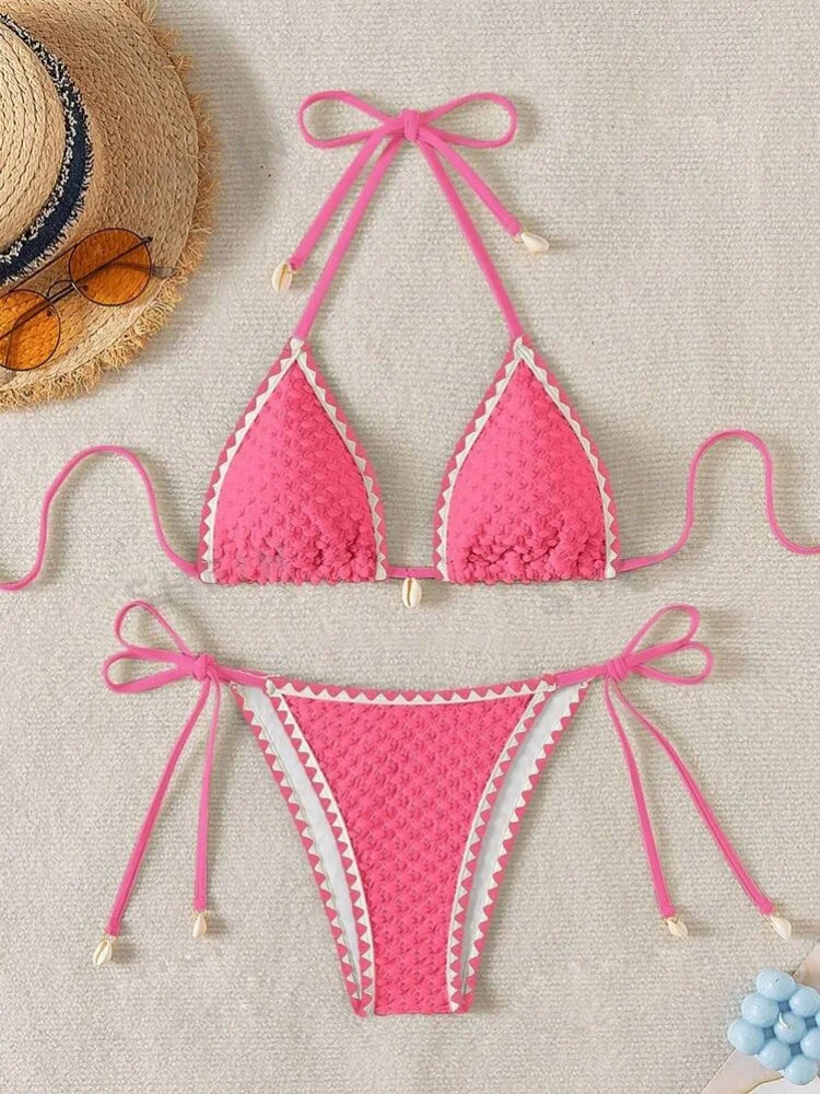 Women's White Contrast Micro Bikini Set | Sexy Shell Ornament Push Up Swimsuit - Image 5