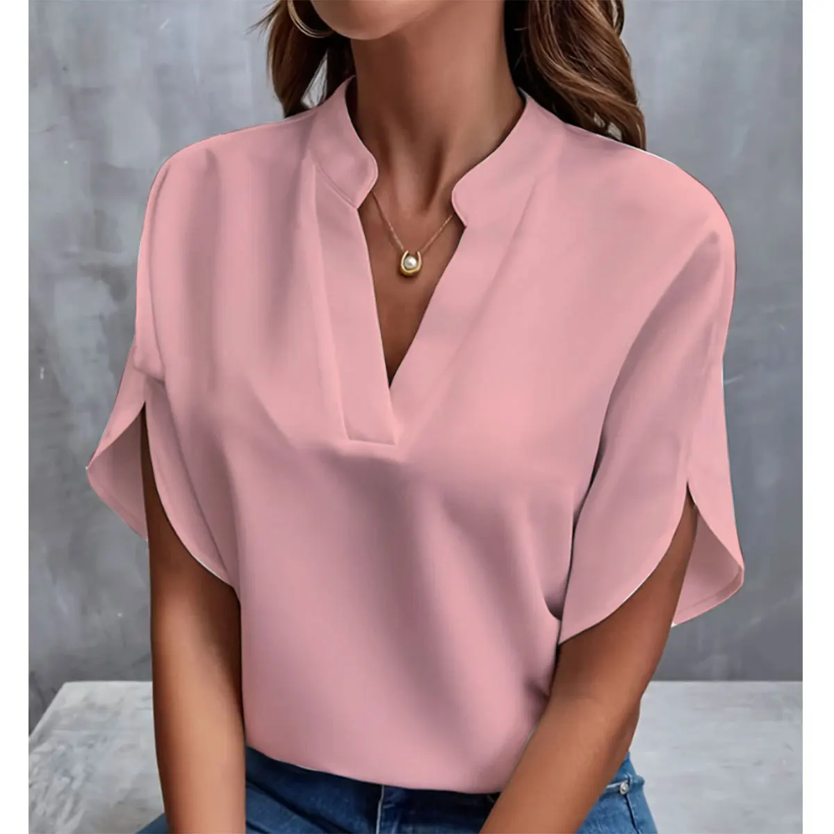 Women’s Elegant Solid V-Neck Chiffon Blouse – Casual Short Sleeve Loose Top - Image 6