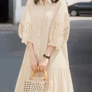 ZANZEA Women’s Lace Crochet Mini Dress – Stylish 3/4 Sleeve Embroidered Shirt Dress