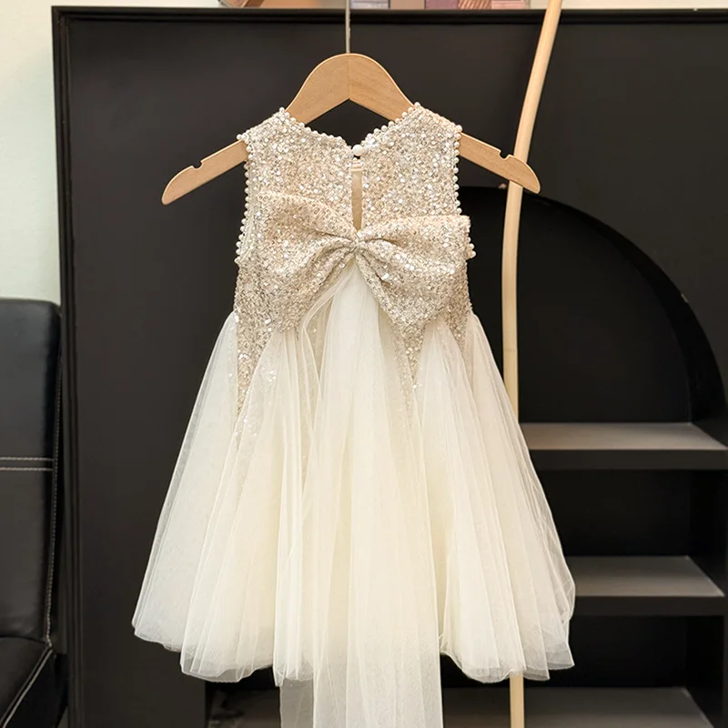 Kids Girls Summer Sequined Princess Gown Mesh Tulle Puff Sleeve Dress Elegant Birthday Party Pageant Vestidos Casual Holiday Clothes Age 2-10 Years - Image 2