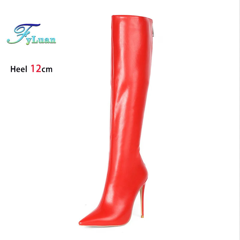 Black Pointed Boots For Woman 12CM Stiletto Fashion Women Party Winter Shoes Plus Size 43 44 45 Back Zipper Woman Mid-calf Boots - Image 7
