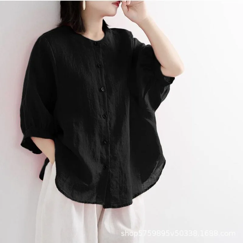 Women’s Plus-Size Solid Color Cotton-Linen Blouse – Comfortable Loose-Fit Office Top