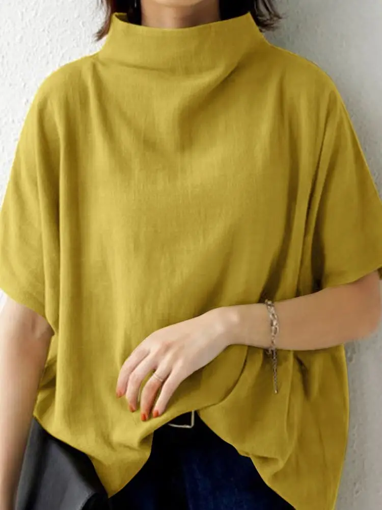 Women's Solid Cotton Turtleneck Blouse – Casual Short-Sleeve Oversized Summer Top - Image 9
