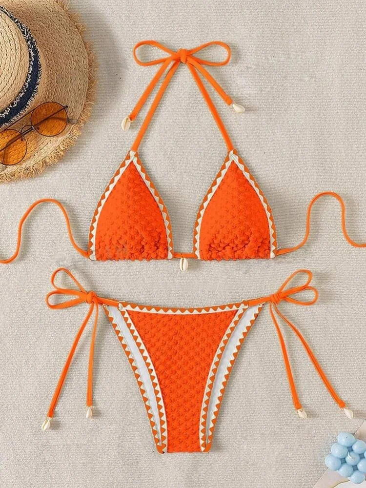 Women's White Contrast Micro Bikini Set | Sexy Shell Ornament Push Up Swimsuit - Image 6