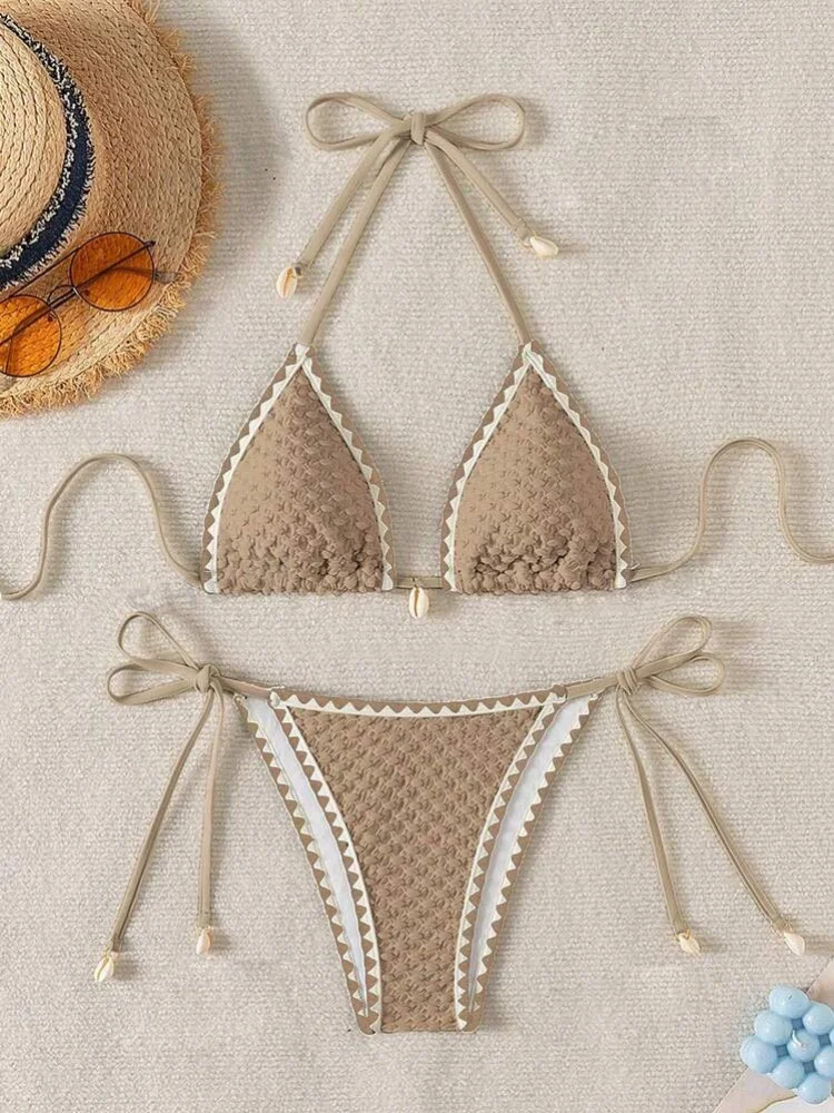 Women's White Contrast Micro Bikini Set | Sexy Shell Ornament Push Up Swimsuit - Image 3